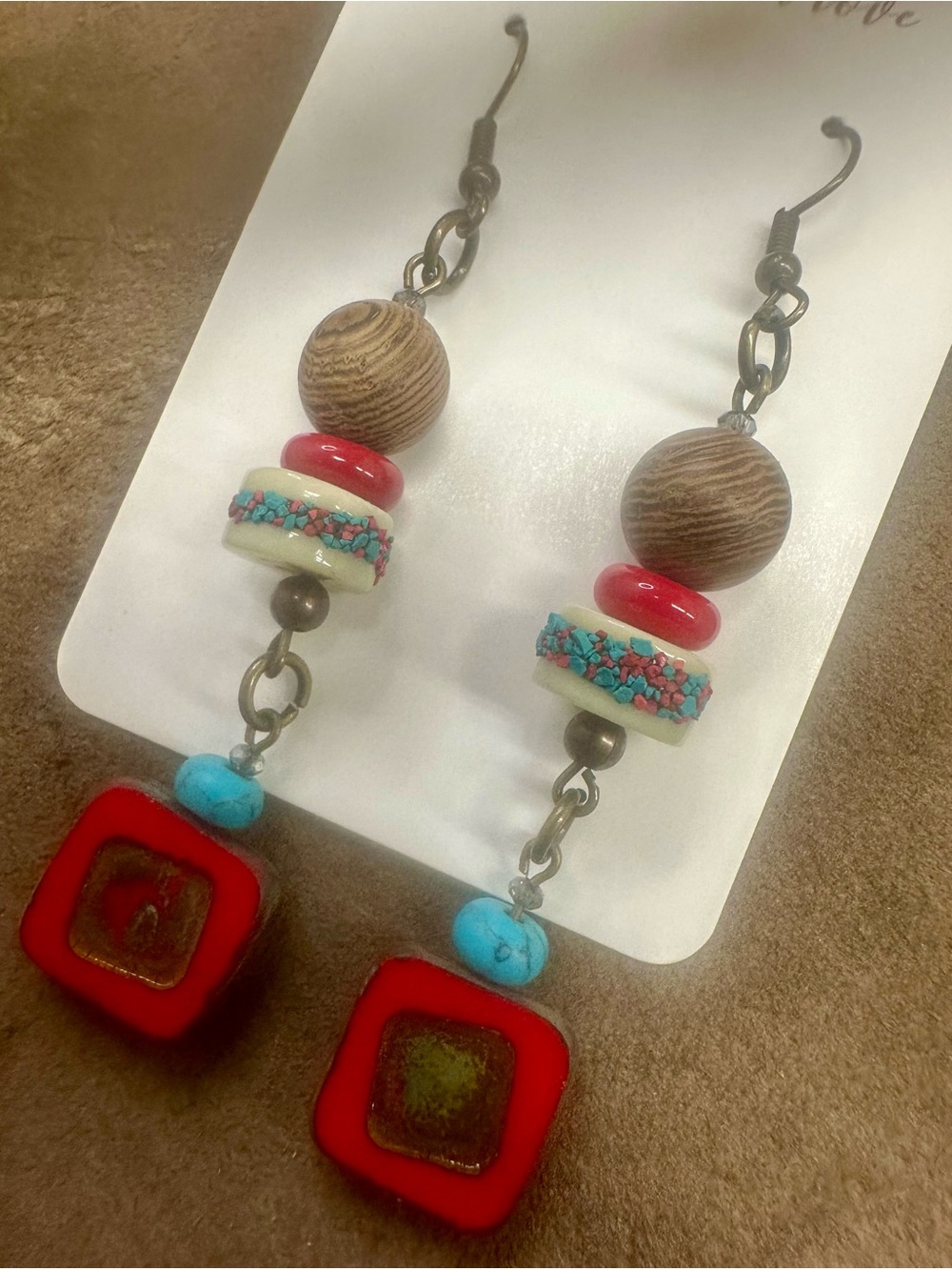 Handcrafted Boho Red, Turquoise & Wood Drop Earrings